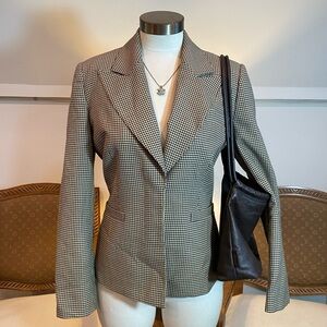 Vintage 90s Perry Ellis Houndstooth Checkered Tan Blazer Wool-Blend Workwear S 6